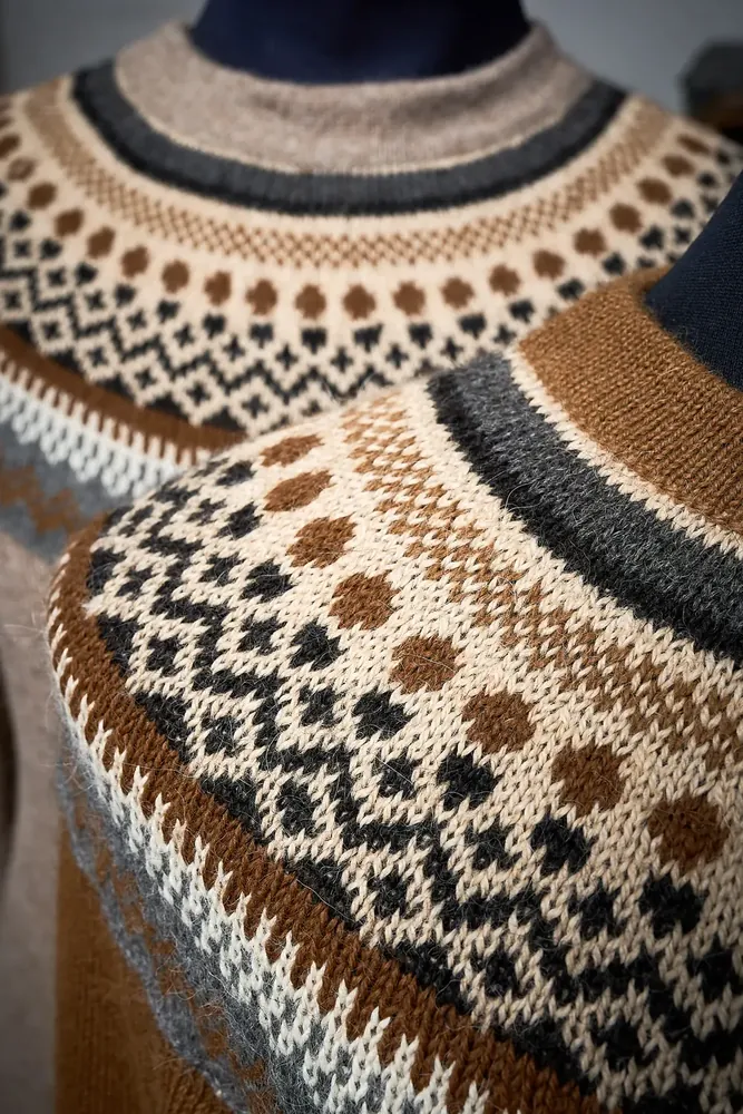 Detalle del canesú jacquard de dos suéteres de alpaca, textura del punto en primer plano